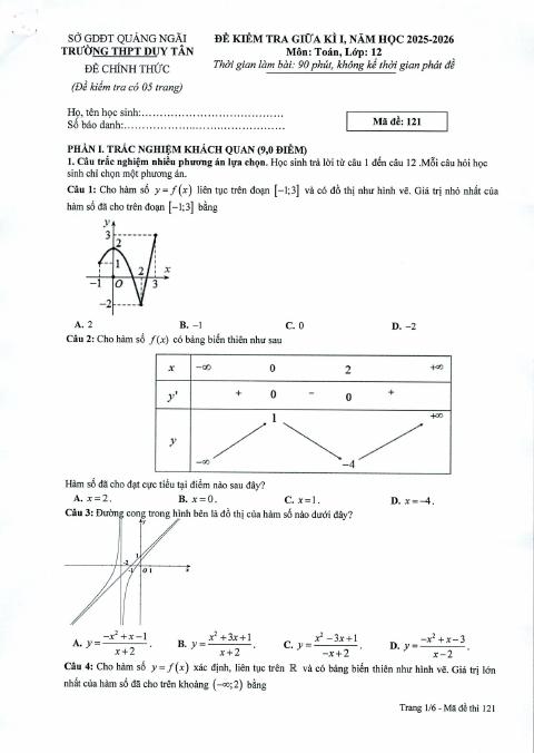 Đề thi Giữa kì 1 Toán 12 năm 2025-2026 trường THPT Duy Tân (Quảng Ngãi)